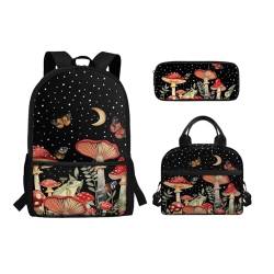 Belidome Rucksack-Set für Mittelschule, Mädchen, Jungen, 3-in-1 Büchertasche und Lunchtasche, Federmäppchen, Tagesrucksack, Rucksack, mushroom, Einheitsgröße, Schulranzen-Set von Belidome