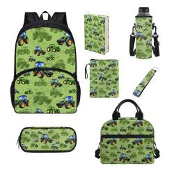 Belidome Schultaschen-Set für Mädchen und Jungen, mit Lunchbox und Wasserflaschentasche, Tasche, Schlüsselanhänger, 7-teilig, Traktoren, Einheitsgröße, Schulranzen-Set von Belidome