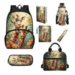 Belidome Schultaschen-Set für Mädchen und Jungen, mit Lunchbox und Wasserflaschentasche, Tasche, Schlüsselanhänger, 7-teilig, giraffe, Einheitsgröße, Schulranzen-Set von Belidome