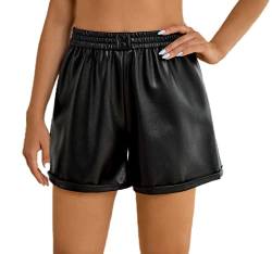 Belisy Damen Elastisch Leder Shorts High Waist, Solide Sexy Rollsaum Kurze Lederhose PU Lederoptik, S von Belisy