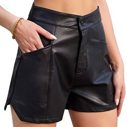 Belisy Damen Sexy Hohe Taille Leder Shorts Reißverschluss, Glänzend PU Lederoptik Kurze Hose mit Taschen von Belisy