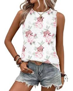 BellaDila Damen Öse Sommer Tank Top Rundhals Ärmellos T Shirt Elegant Ohne Arm Bluse Oberteile Tops 2024, Blumen Rot, L von BellaDila