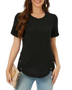 BellaDila Damen Sommer Casual Rundhals Kurzarm T Shirt Knöpfe Elegant Bluse T-Shirt Tunika Top 2024, Schwarz, L von BellaDila