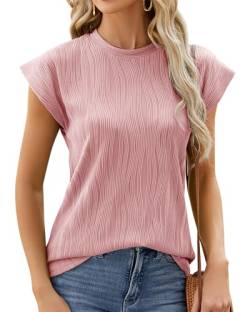 BellaDila Damen Sommer Kurz Fledermausärmel T Shirt Locker Top Rundhals Oberteile Elegant Tunika Tshirt Bluse 2024, Rosa, S von BellaDila