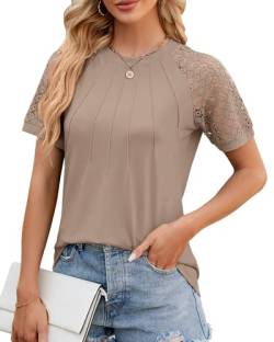 BellaDila Damen Sommer Spitze Kurzarm T-Shirt Rundhals Elegant Vorne Plissee Bluse Locker Top Tunika Oberteile 2024, Khaki, L von BellaDila