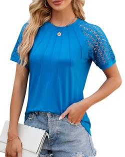 BellaDila Damen Sommer Spitze Kurzarm T-Shirt Rundhals Elegant Vorne Plissee Bluse Locker Top Tunika Oberteile 2024, Pfauen Blau, S von BellaDila