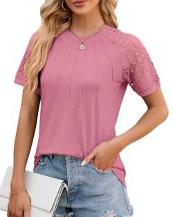 BellaDila Damen Sommer Spitze Kurzarm T-Shirt Rundhals Elegant Vorne Plissee Bluse Locker Top Tunika Oberteile 2024, Rosa, L von BellaDila