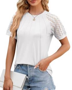 BellaDila Damen Sommer Spitze Kurzarm T-Shirt Rundhals Elegant Vorne Plissee Bluse Locker Top Tunika Oberteile 2024, Weiß, L von BellaDila