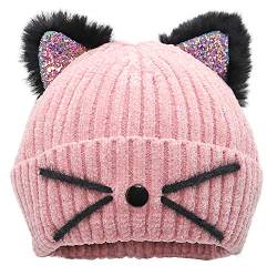 Bellady Mädchen Mutter Kinder Sequin Katze-Ohr-Kappen warm-häkelarbeit Beanies Nette Art und weise schädel-Kappe, Adult_ einheitsgröße Adult_rosa von Bellady