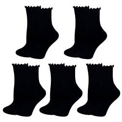 Bellady Niedliche Rüschensocken für Frauen, lustige Baumwoll-Crew-Socken, Rüschen-Knöchelsocken Damen 5 Paar, Schwarz, Einheitsgröße von Bellady