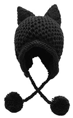 Bellady Winter Nette Katze Ohren Strickmütze Ohr Klappe Häkeln Beanie Hut, Schwarz, Einheitsgröße-M von Bellady