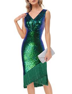 Belle Poque 1920er Jahre Kleid Damen Paillettenkleid Ärmellos V-Ausschnitt Bodycon Partykleid Abendkleid Grün L von Belle Poque