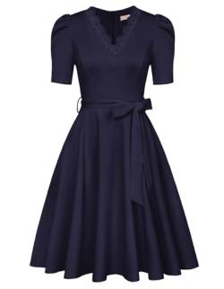 Belle Poque 50er Jahre Kleider Damen Abendkleid für Damen Kurzarm A-Linie Plissee Kleid Elegantes Cocktailkleid Marineblau BP0876-03 M von Belle Poque
