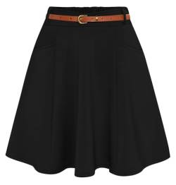 Belle Poque Damen Einfarbig Skaterrock mit Gürtel Hohe Taille Aufgeweitet A-Linie Minirock für den Täglichen Schwarz BP0956-01 S von Belle Poque