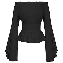 Belle Poque Damen Gothic Bluse Mittelalter Bluse Gothic Tops mit Rüschen Schwarz#2023 XXL von Belle Poque