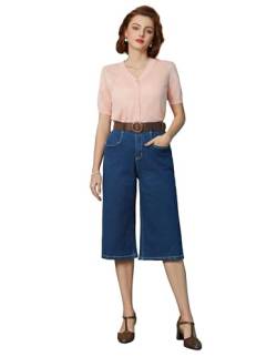 Belle Poque Damen Hohe Taille Hose Casual Jeans Cropped Jeans mit Taschen Retro Cropped Jeans Elegante Capri Hose Casual Hose Deminblau L BP0938S24-02 von Belle Poque