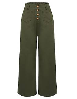 Belle Poque Damen Jeans Baggy High Waist Weite Hose Casual Bootcut Jeans mit Knopfleiste Freizeit Armeegrün M von Belle Poque