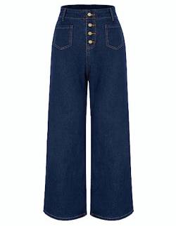 Belle Poque Damen Jeans Baggy High Waist Weite Hose Casual Bootcut Jeans mit Knopfleiste Freizeit Dunkelblau M von Belle Poque