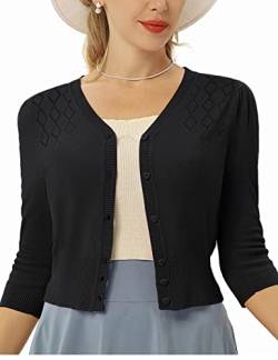 Belle Poque Damen Kurze Cardigan V-Ausschnitt 3/4 Arm Knopfleiste Leicht Causal Bolero Schwarz L von Belle Poque