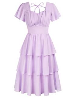 Belle Poque Damen Quadratischer Ausschnitt Stufenkleid Rüschen 2023 Sommer Vintage Kurzarm Layered A-Linie Swing Midi Kleid, Violett, X-Groß von Belle Poque