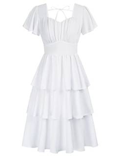 Belle Poque Damen Quadratischer Ausschnitt Stufenkleid Rüschen 2023 Sommer Vintage Kurzarm Layered A-Linie Swing Midi Kleid, Weiss/opulenter Garten, Groß von Belle Poque