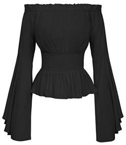 Belle Poque Damen Renaissance Gothic Bluse Glockenärmel Rüschen Schulterfrei Boho Korsett Top, Schwarz, Mittel von Belle Poque