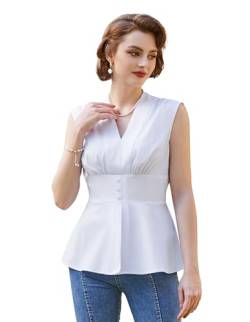 Belle Poque Damen Retro Bluse Ärmellos V-Ausschnitt Tank Top Basic Oberteile Elegant Top Blusenshirt Weiß XXL von Belle Poque