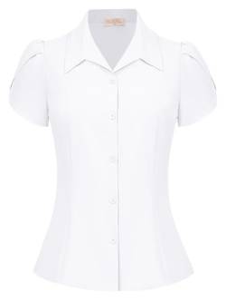 Belle Poque Damen Sommer Bluse Kurzarm Oberteile Elegant Reverskragen Tops Blusenshirt Business Freizeit Weiß M von Belle Poque