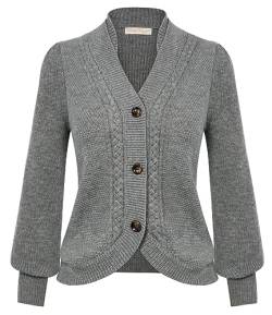 Belle Poque Damen Strickjacke mit Knöpfen Langarm V-Ausschnitt Cropped Cardigan Kurz Oberteil Grau XL von Belle Poque