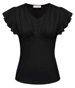 Belle Poque Damen Top mit V Ausschnitt Sommer Rüschen Kurze Ärmel Blusen Baumwoll Top Schwarz XL von Belle Poque