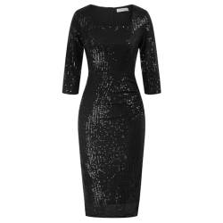 Belle Poque Damen Vintage Tanzparty Kleider 3/4 Ärmel Cocktailkleider Glitzer Kleider Elegante Abendkleider Schwarz S BP0313A21-01 von Belle Poque