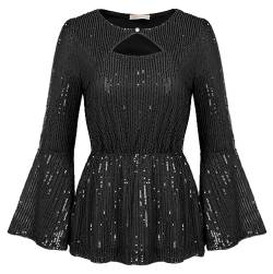 Belle Poque Damen Weihnacht Glitter Party Cocktail Top Bluse Festliche Glitzer Tops Party Oberteil Pailletten Bluse Schwarz M BP0774A23-01 von Belle Poque