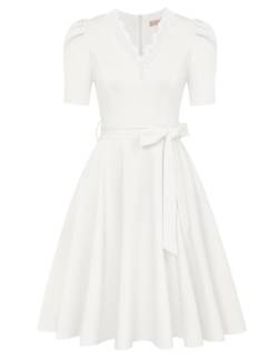 Belle Poque Damen Weißes Kleid Hohe Taille Slim Fit Ausgestellt A-Linie Arbeitskleid Tee Party Kleid Maxikleid Weiß BP0876-05 XXL von Belle Poque