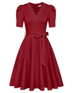 Belle Poque Elegantes Hochzeitskleid 50er Jahre Kleider für Frauen V-Ausschnitt Ausgestelltes A-Linien Kleid Dunkelrot BP0876-02 S von Belle Poque