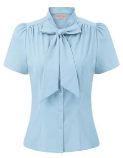 Belle Poque Hemden für Damen Büro Arbeit Bluse Sommer Vintage Retro Kurze Ärmel Streifen Tops mit Bow-Knot von Belle Poque