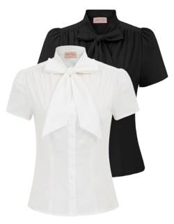Belle Poque Hemden für Damen Büro Arbeit Bluse Sommer Vintage Retro Kurze Ärmel Streifen Tops mit Bow-Knot von Belle Poque