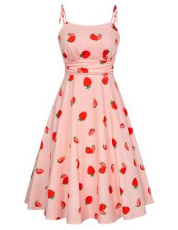 Belle Poque Rosa Kleid für Frauen Sommer Leichtes Erdbeer Print Midi Kleid Langes Kleid für Damen Sommerkleid BP0928-03 M von Belle Poque