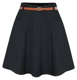 Belle Poque Schwarzer Retro Minirock für Frauen Vielseitiger A-Linien Basic Cordrock mit Gürtel Schwarz BP0828-01 S von Belle Poque