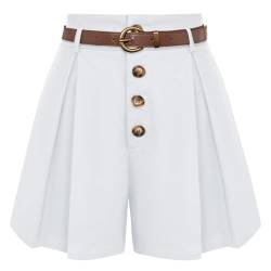Belle Poque Weiß Shorts 2024 Sommer Weites Bein Shorts mit Taschen 50s Vintage plissiert Baumwolle Shorts für die Arbeit Weiß BP0913-02 L von Belle Poque
