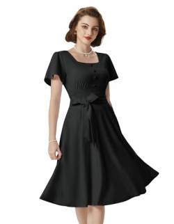 Damen 1950er Kleid A Linie Knielang Abendkleid Rüschenärmel Partykleid Hochzeit Abschlussball Schwarz L von Belle Poque