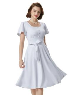 Damen 1950er Kleid Kurzarm Eckiger Ausschnitt Festlich Abendkleid Knielang A Linie Partykleid Hochzeit Weiß XL von Belle Poque