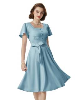 Damen 1950er Kleid Rockabilly Kurzarm Abendkleid mit Gürtel Knielang A Linie Partykleid Hochzeit Blau XL von Belle Poque