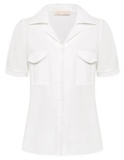 Damen Bluse Elegant Kurzarm Oberteile Revereskragen Shirt Sommer Tops Freizeit Büro Urlaub Weiß XL von Belle Poque