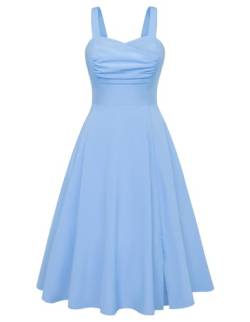 Damen Elegant Midikleid Sommer Spaghetti Blumenkleid A-Linie Festlich Partykleid Blau M von Belle Poque