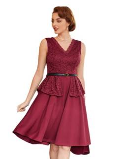 Damen Elegante Midi Abendkleider Valentinstag Kleider Spitze Patchwork Kleider mit Gürtel Ärmellos V-Ausschnitt A-Linie Kleider Tiefrot M BP0875S24-05 von Belle Poque