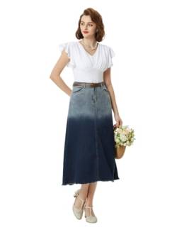 Damen Elegante Rock mit Schlitz Vintage A-Linie Rock Lässiger A-Linie Jeansrock Hochtaille Farbverlaufsrock Marineblau-Weiß XL von Belle Poque