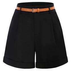 Damen Elegante Solid Shorts mit Gürtel Casual Sommer Shorts Retro 50s Shorts Freizeit Shorts Schwarz XXL von Belle Poque