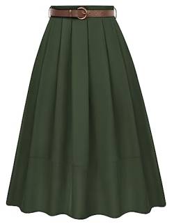 Damen Faltenrock Lang A-Linie High Waist Skirt mit Taschen Freizeit Party Arbeit Armeegrün S von Belle Poque