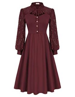 Damen Gothic Kleid Elegant Langarm A-Linie Kleider Festliche Cocktailkleid Abendkleid Weinrot XL von Belle Poque