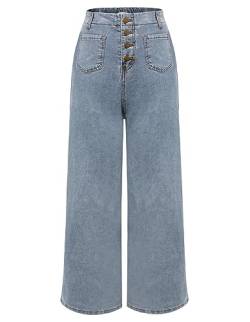 Damen Jeans Baggy High Waist Weite Hose Casual Bootcut Jeans mit Knopfleiste Freizeit Hellblau M von Belle Poque